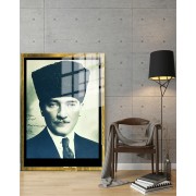 Yapay Zeka ile Yenilenmiş Atatürk Fotoğrafları Siyah Beyaz Cam Tablo, 3d Dekoratif BaskıDik 160