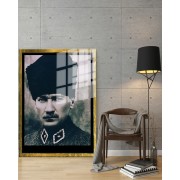 Yapay Zeka ile Yenilenmiş Atatürk Fotoğrafları Siyah Beyaz Cam Tablo, 3d Dekoratif BaskıDik 161