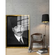 Yapay Zeka ile Yenilenmiş Atatürk Fotoğrafları Siyah Beyaz Cam Tablo, 3d Dekoratif BaskıDik 190