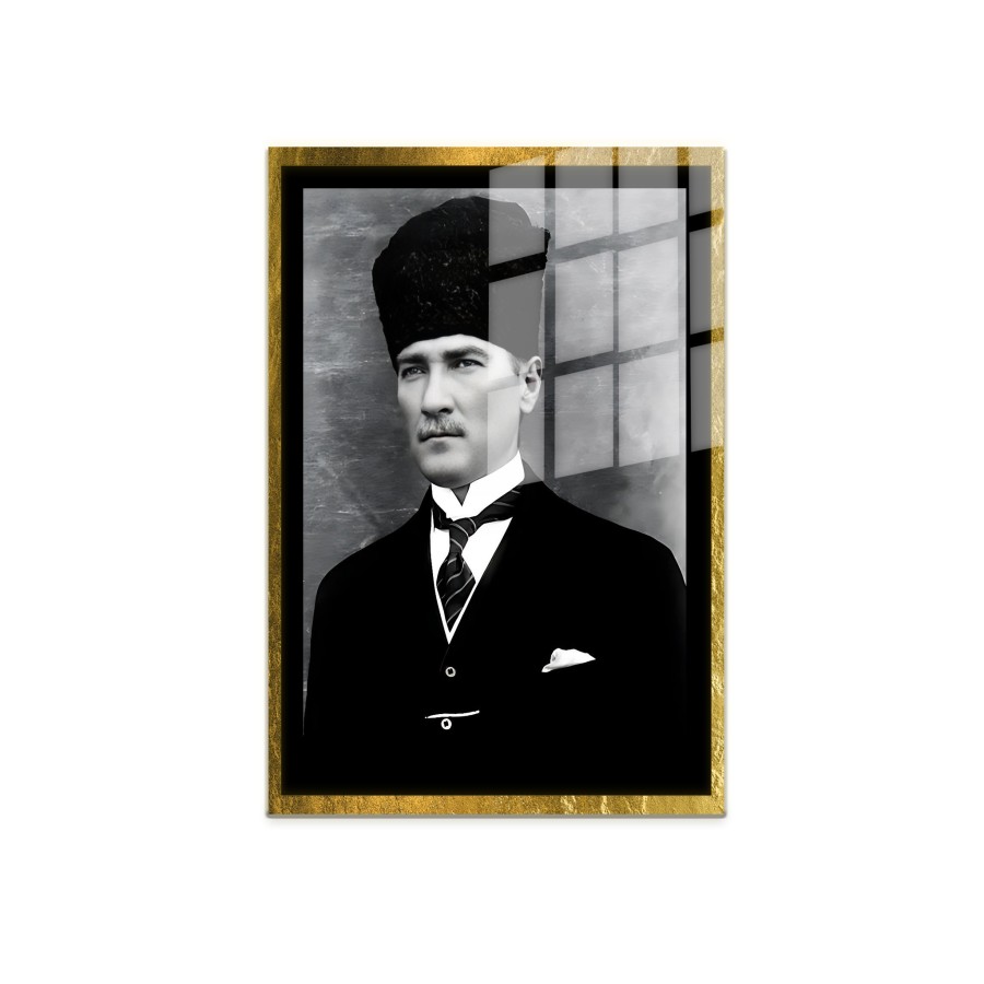 Yapay Zeka ile Yenilenmiş Atatürk Fotoğrafları Siyah Beyaz Cam Tablo, 3d Dekoratif BaskıDik 43