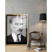 Yapay Zeka ile Yenilenmiş Atatürk Fotoğrafları Siyah Beyaz Cam Tablo, 3d Dekoratif BaskıDik 45