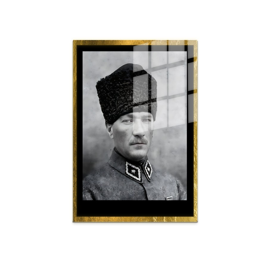 Yapay Zeka ile Yenilenmiş Atatürk Fotoğrafları Siyah Beyaz Cam Tablo, 3d Dekoratif BaskıDik 49