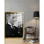 Yapay Zeka ile Yenilenmiş Atatürk Fotoğrafları Siyah Beyaz Cam Tablo, 3d Dekoratif BaskıDik 53