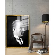 Yapay Zeka ile Yenilenmiş Atatürk Fotoğrafları Siyah Beyaz Cam Tablo, 3d Dekoratif BaskıDik 59