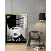 Yapay Zeka ile Yenilenmiş Atatürk Fotoğrafları Siyah Beyaz Cam Tablo, 3d Dekoratif BaskıDik 62