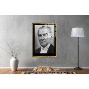 Yapay Zeka ile Yenilenmiş Atatürk Fotoğrafları Siyah Beyaz Cam Tablo, 3d Dekoratif BaskıDik 70