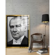 Yapay Zeka ile Yenilenmiş Atatürk Fotoğrafları Siyah Beyaz Cam Tablo, 3d Dekoratif BaskıDik 70