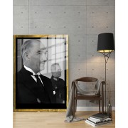 Yapay Zeka ile Yenilenmiş Atatürk Fotoğrafları Siyah Beyaz Cam Tablo, 3d Dekoratif BaskıDik 74