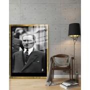 Yapay Zeka ile Yenilenmiş Atatürk Fotoğrafları Siyah Beyaz Cam Tablo, 3d Dekoratif BaskıDik 86