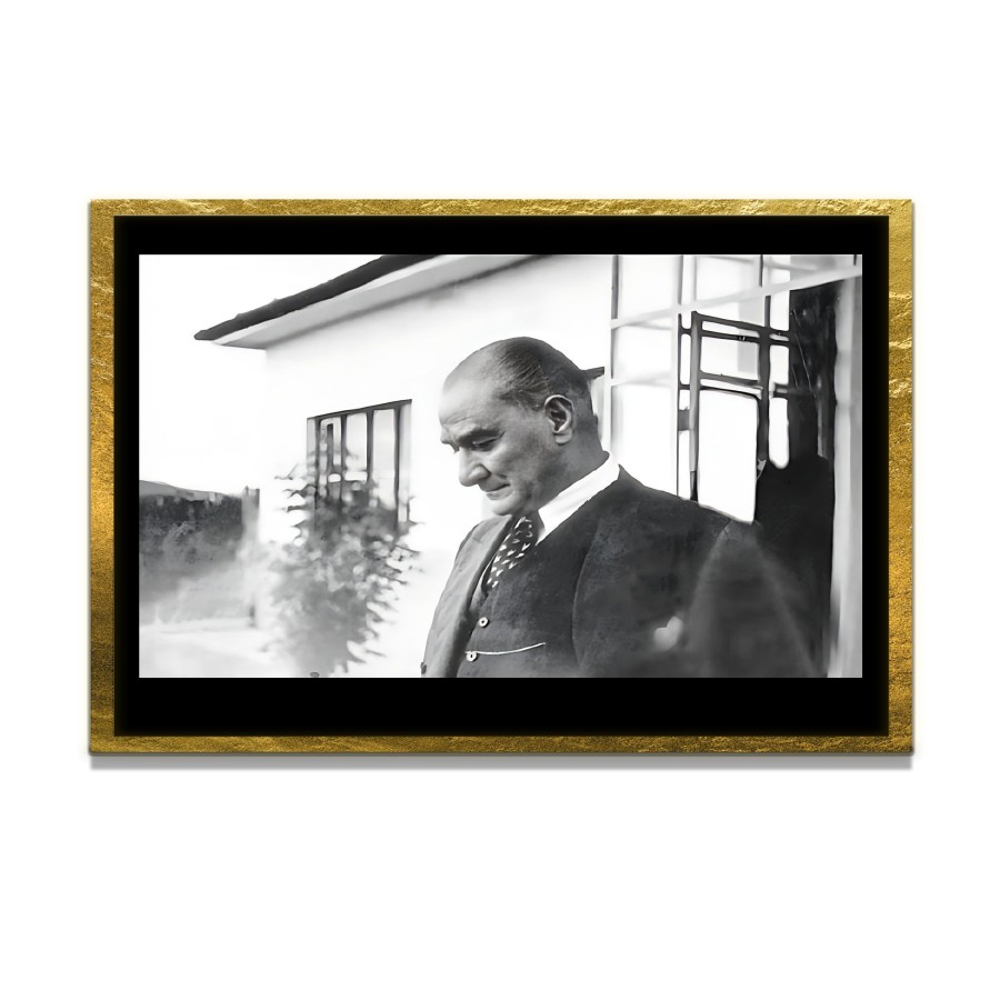 Yapay Zeka ile Yenilenmiş Atatürk Fotoğrafları Siyah Beyaz Cam Tablo, 3d Dekoratif Baskı 195