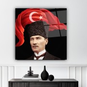 Atatürk ve Bayrak Cam Tablo | Hediyelik, Dekoratif, Ofis, Mutfak