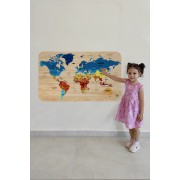 Ahşap Görünümlü Eğitici Detaylı Atlası Dünya Haritası Duvar Sticker -60x105-3856