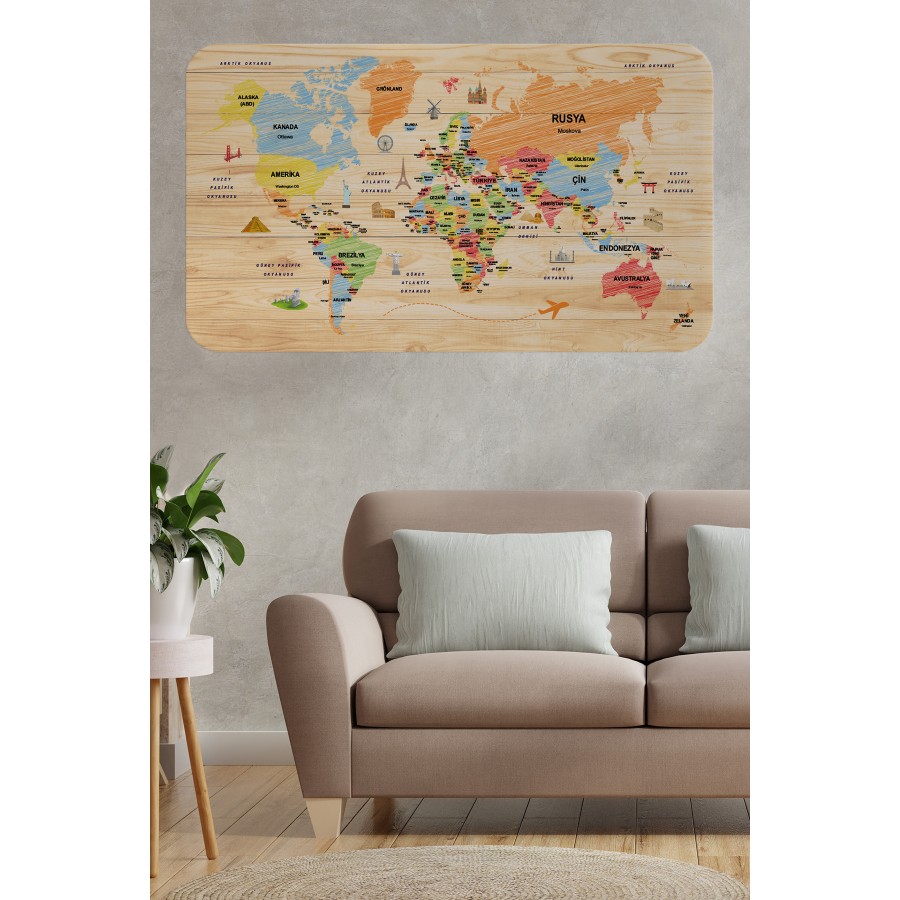 Ahşap Görünümlü Türkçe Eğitici Detaylı Atlası Dünya Haritası Duvar Sticker -60x105-3868