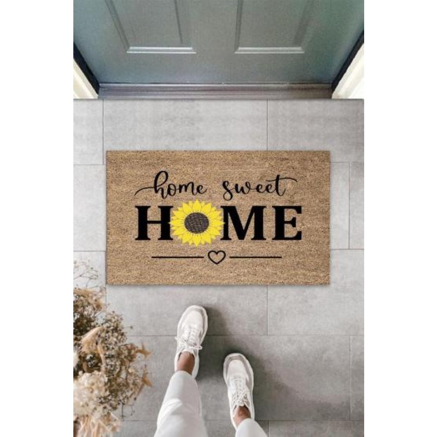 Bej Kapı Önü Paspası Home Sweet Home Papatyalı Desen K-3342