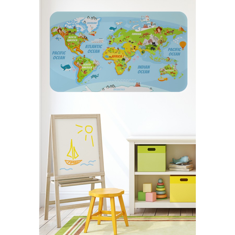 Eğitici Dünya Haritası Dünya Atlası Çocuk ve Bebek Odası Duvar Sticker-60x105-3778