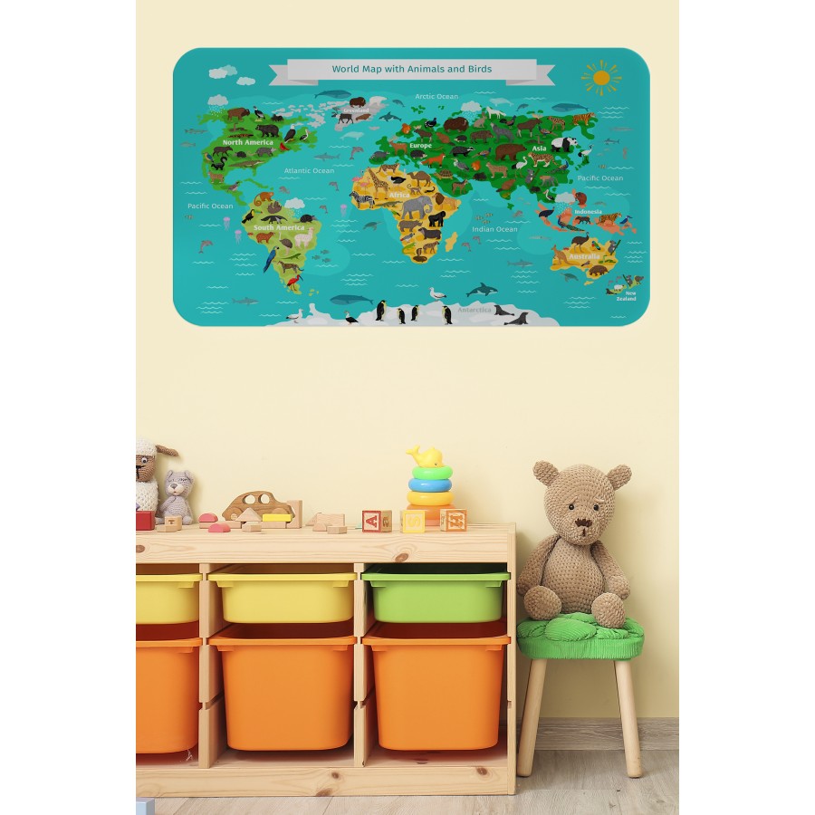 Eğitici Dünya Haritası Dünya Atlası Çocuk ve Bebek Odası Duvar Sticker-60x105-3780