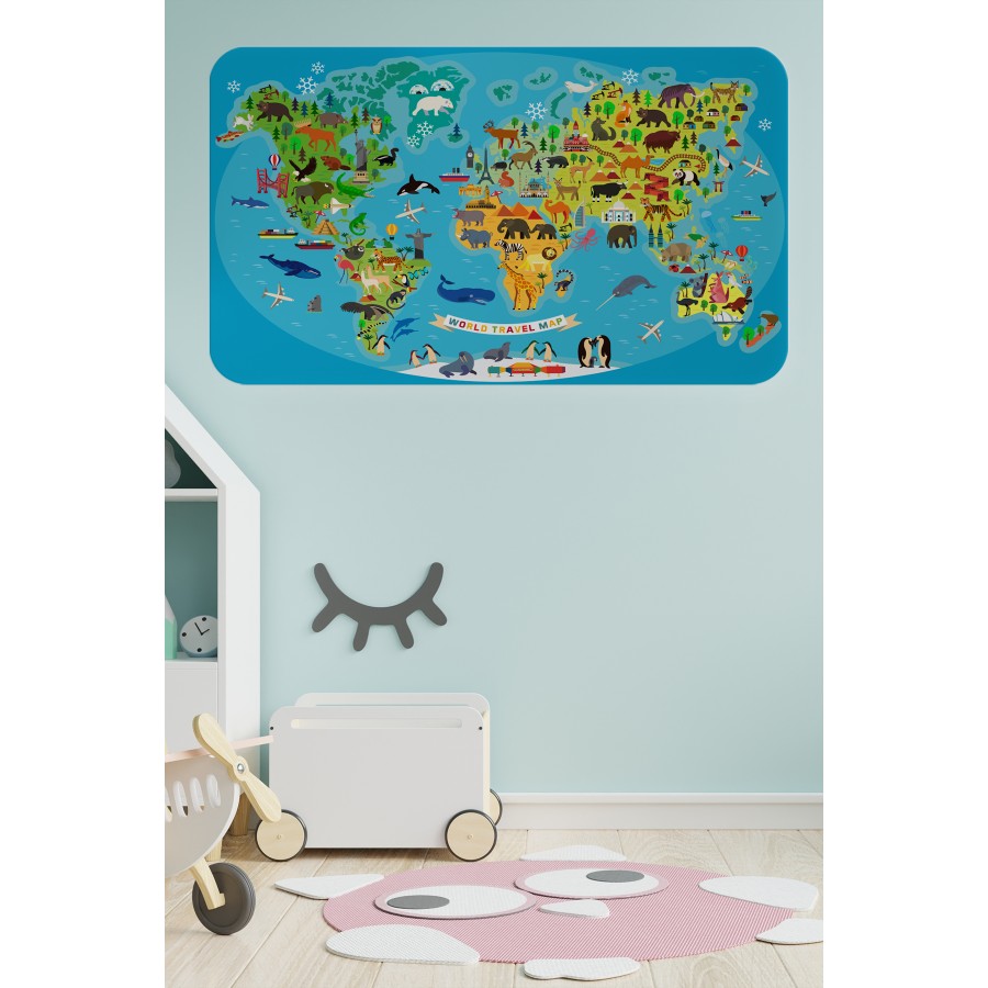 Eğitici Dünya Haritası Dünya Atlası Çocuk ve Bebek Odası Duvar Sticker-60x105-3788