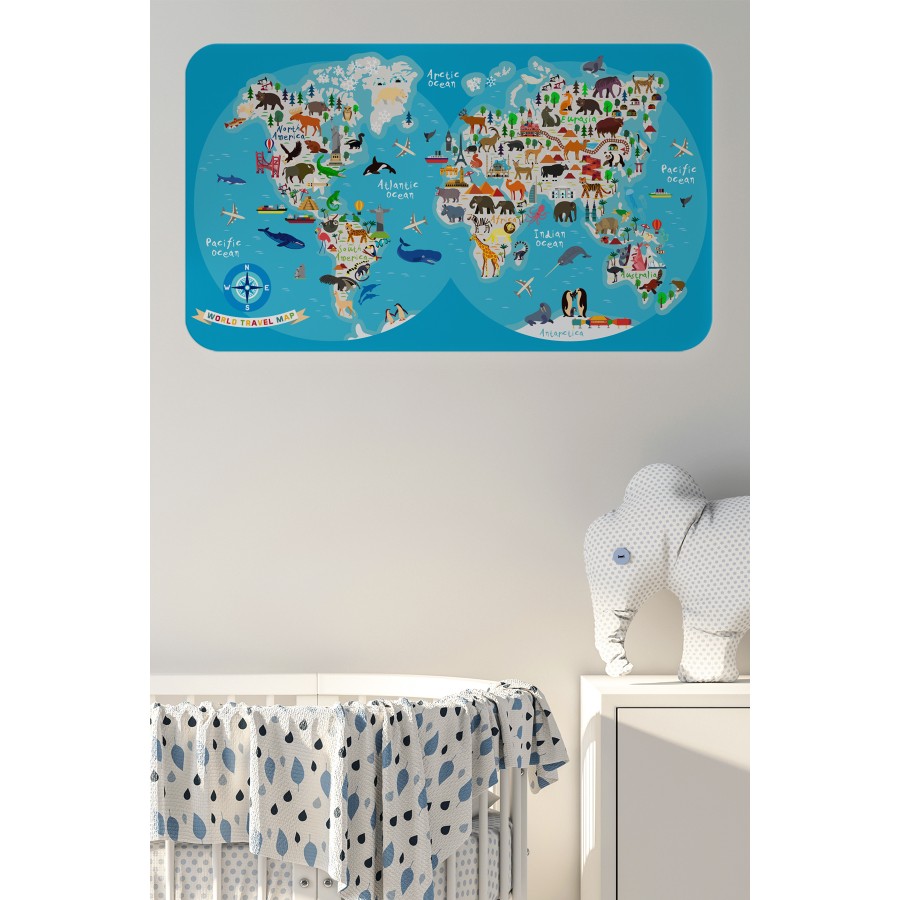 Eğitici Dünya Haritası Dünya Atlası Çocuk ve Bebek Odası Duvar Sticker -60x105-3806