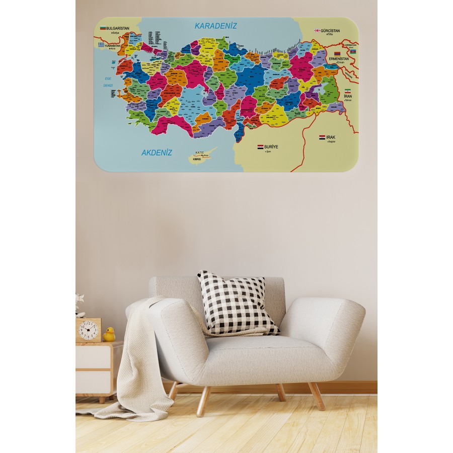 Eğitici ve Öğretici Detaylı Komşulu Türkiye Haritası Duvar Sticker-60x105-3845