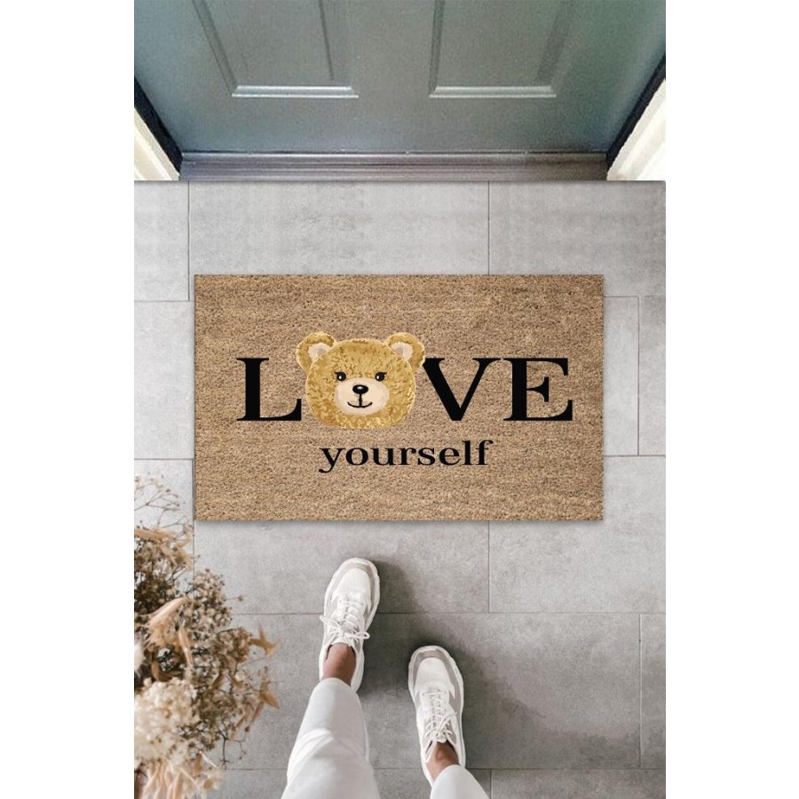 Kahverengi Kapı Önü Paspası Love Yourself Ayıcık Desen K-3329