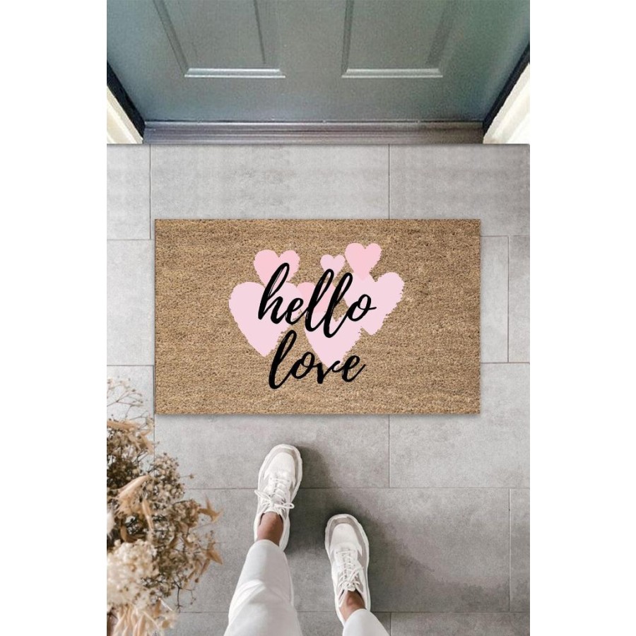 Pembe Kapı Önü Paspası Hello Love Desen K-3291