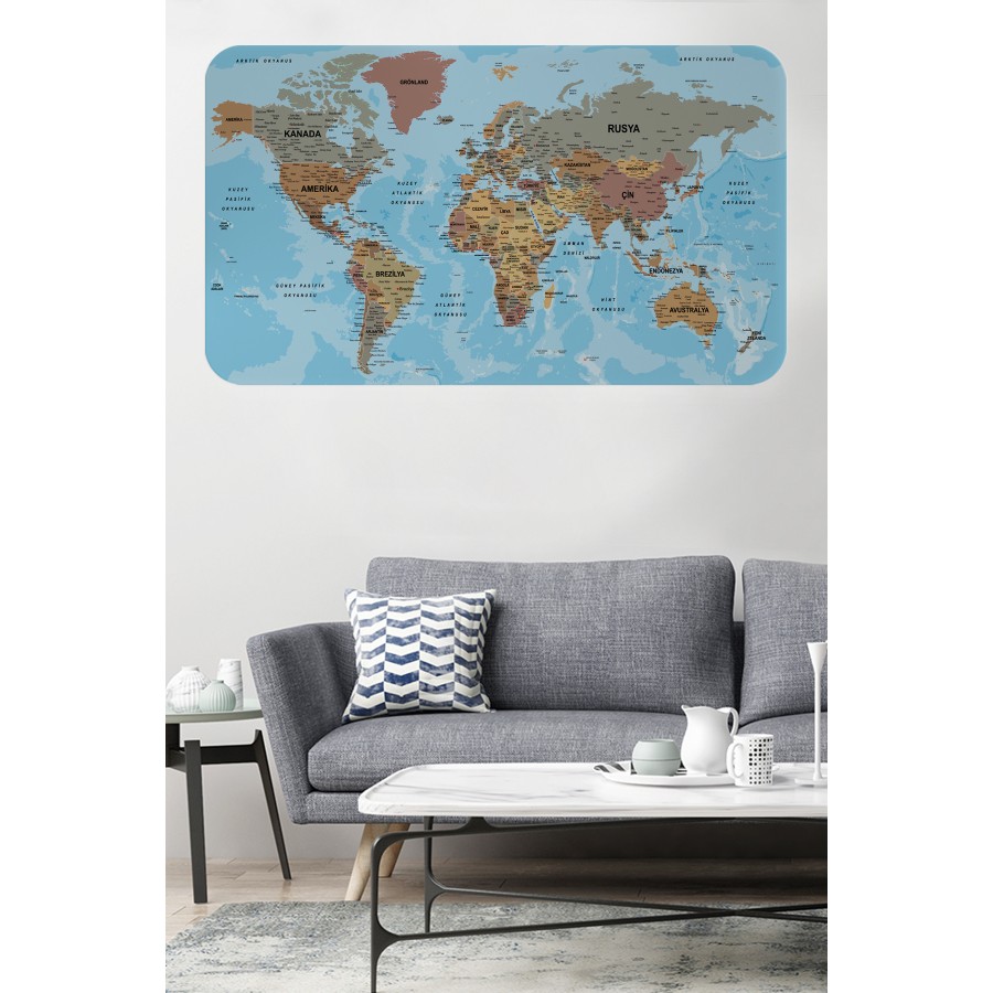 Türkçe Eğitici Ülke ve Başkent Okyanus Detaylı Atlası Dünya Haritası Duvar Sticker -60x105-3849