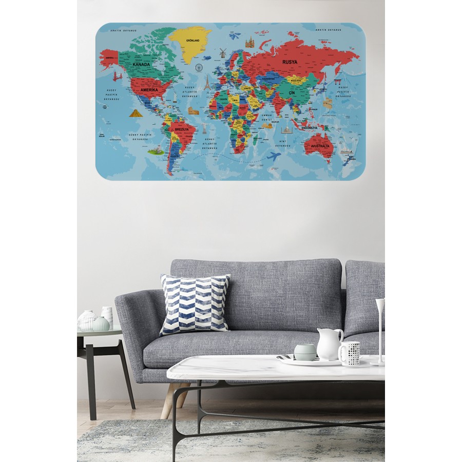 Türkçe Eğitici Ülke ve Başkent Okyanus Detaylı Atlası Dünya Haritası Duvar Sticker -60x105-3863