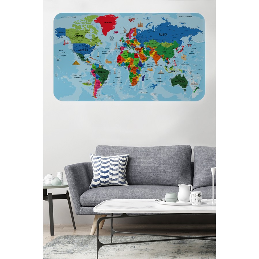 Türkçe Eğitici Ülke ve Başkent Okyanus Detaylı Atlası Dünya Haritası Duvar Sticker -60x105-3866