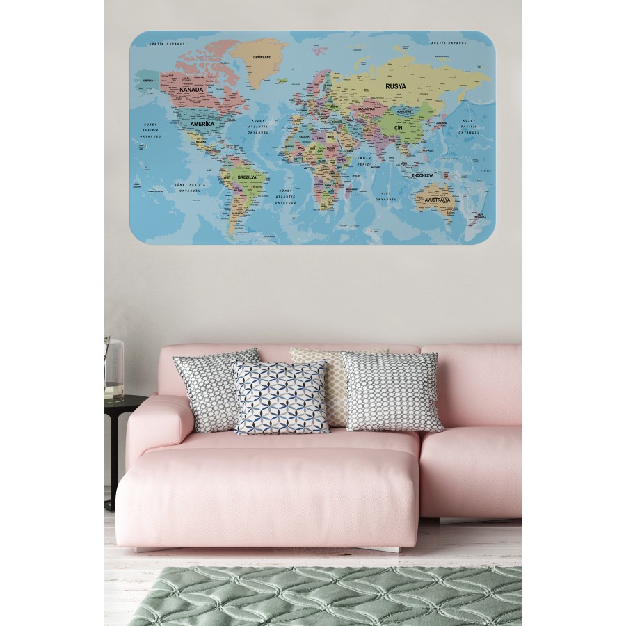 Türkçe Eğitici Ülke ve Başkent Okyanus Detaylı Atlası Dünya Haritası Duvar Sticker -60x105-3869