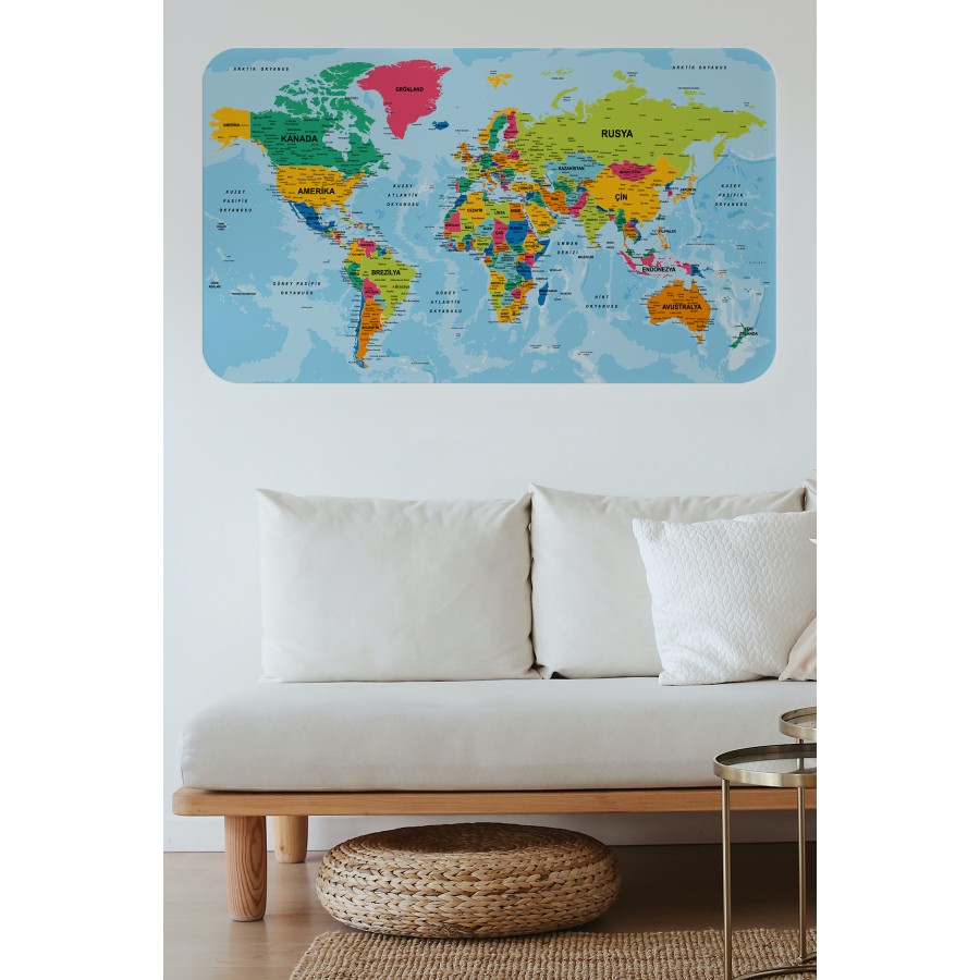 Türkçe Eğitici Ülke ve Başkent Okyanus Detaylı Atlası Dünya Haritası Duvar Sticker -60x105-3870