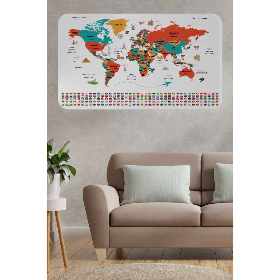 Türkçe Ülke Bayrak lı Eğitici Başkent Detaylı Atlası Dünya Haritası Duvar Sticker -60x105-3858