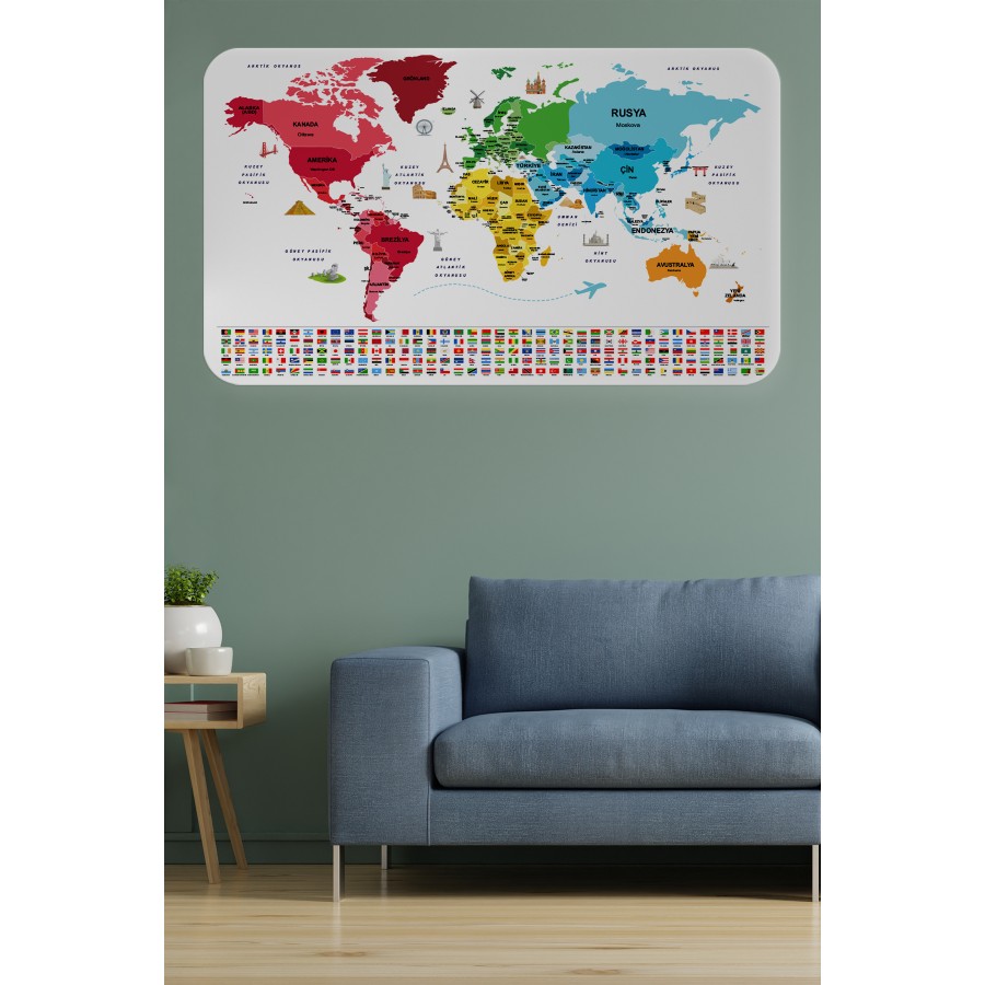 Türkçe Ülke Bayrak lı Eğitici Başkent Detaylı Atlası Dünya Haritası Duvar Sticker -60x105-3861