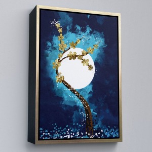 Çerçeveli Altın Çiçekli Ağaç Ve Ve Ay Kanva Tablo, Soyut Çağdaş Sanat Örneği-4971
