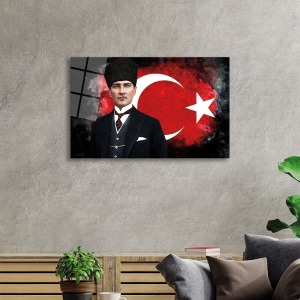 Türk Bayrağı ve Mustafa Kemal Atatürk Portresi Cam Tablo, Darbelere Dayanıklı Kırılmaz Temperli