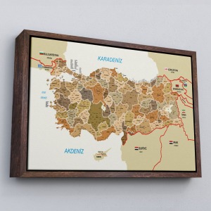 Çerçeveli Türkiye Haritası Kanvas Tablo İl Ve İlçeli Ayrıntılı Eğitici Komşulu Dekoratif Tablo-3020