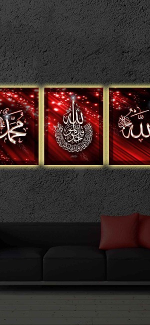 KIRMIZI ALLAHcc. MUHAMMEDsav. İHLAS SURESİ 3LÜ LED IŞIKLI KANVAS TABLO