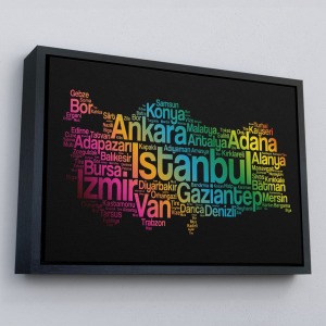 Çerçeveli İller İsimli Siyah Zeminli Dekoratif Kanvas Tablo-1016