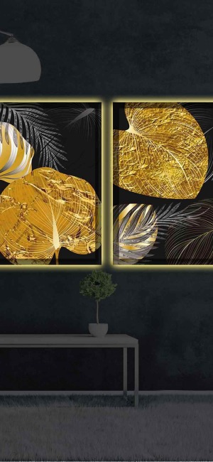 DEKORATİF GOLD YAPRAKLI İKİLİ LED IŞIKLI TABLO