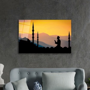 Camide İbadet ve Dua Eden İnsan Cam Tablo, Darbelere Dayanıklı Kırılmaz Temperli
