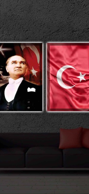 ÇOK ŞIK ATATÜRK VE TÜRK BAYRAĞI İKİLİ LED IŞIKLI TABLO