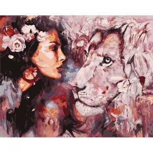  Kadın ve Aslan Sevgisi Sayılarla Boyama Seti Kasnaklı  40 x 50