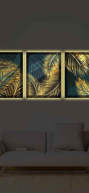 YALDIZLI İNCE YAPRAKLAR 3LÜ LED IŞIKLI KANVAS TABLO