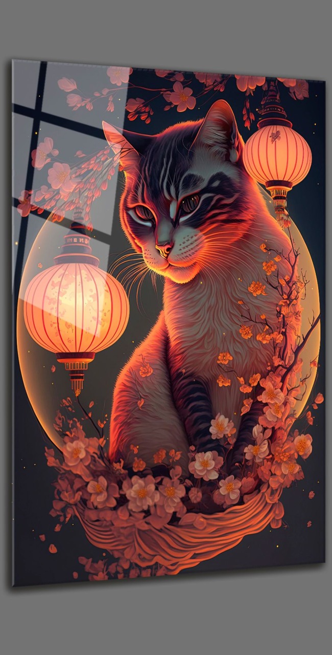 Sevimli Kedi Soyut Tasarım Cam Tablo-Kedi İllüstrasyon Dekoratif Tablo-EvDuvarDekor-4mm Kırılmaz Cam