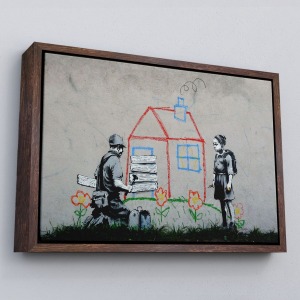 Çerçeveli Bansky Çocuğun Çizdiği Evin Kapısını Kapatan Adam Kanvas Tablo-5019