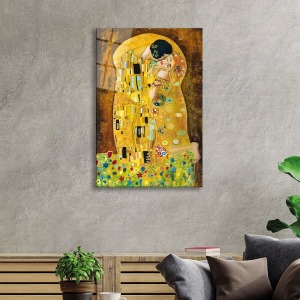 Gustav Klimt Öpücük Der Kuss Sanat Cam Tablo, Darbelere Dayanıklı Kırılmaz Temperli