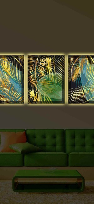 GOLD VE MAVİ YAPRAKLAR 3LÜ LED IŞIKLI KANVAS TABLO