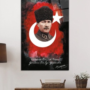 Mustafa Kemal Atatürk Türk Bayrağı Cam Tablo, Darbelere Dayanıklı Kırılmaz Temperli