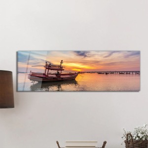 Gün Batımlı Tekne Deniz Manzarası Panorama Cam Tablo, Darbelere Dayanıklı Kırılmaz Temperli