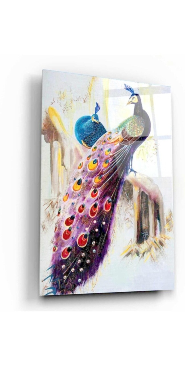 Tavus Kuşu Temalı Modern Uv Dijital Baskı Dekoratif Cam Tablo 50x70 Cm