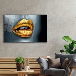 Sarı Gold Kadın Dudağı Soyut Cam Tablo, Darbelere Dayanıklı Kırılmaz Temperli